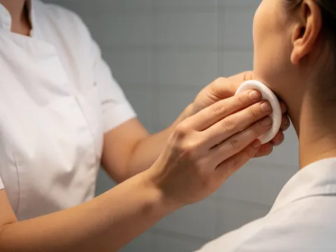 Une esthéticienne applique un produit avec un coton sur le visage d'une cliente en salon de beauté.