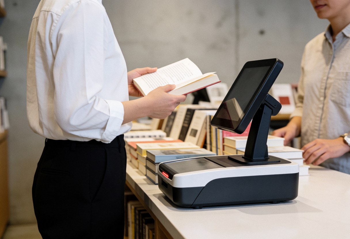 Une vendeuse utilise un appareil de scan pour vérifier le prix d'un livre dans une librairie, assurant un service client efficace.