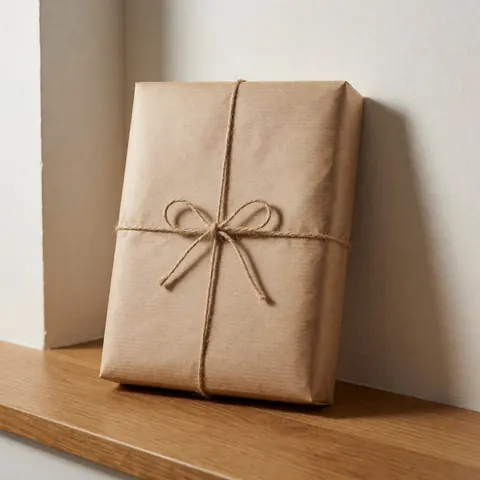 Un paquet emballé avec du papier kraft et une corde posé sur un comptoir en bois devant un mur blanc chaud à la lumière naturelle.
