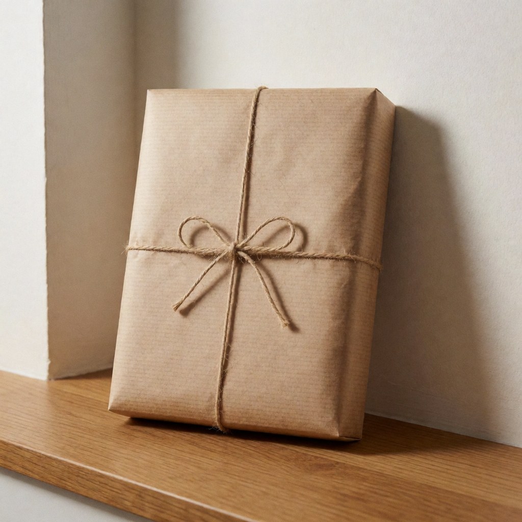 Un paquet emballé avec du papier kraft et une corde posé sur un comptoir en bois devant un mur blanc chaud à la lumière naturelle.