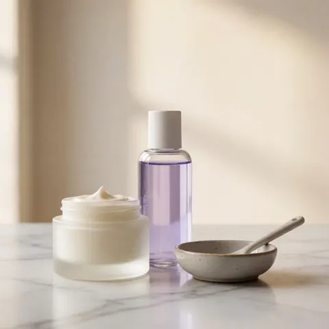 Un bol contenant une crème cosmétique avec du lavandier, posé sur une surface en marbre blanc, éclairage doux pour la beauté.