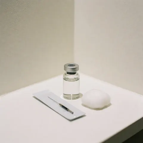 Flacon de remplissage esthétique, aiguille stérile emballée et boule de coton sur surface blanche, scène propre et professionnelle pour clinique de beauté.