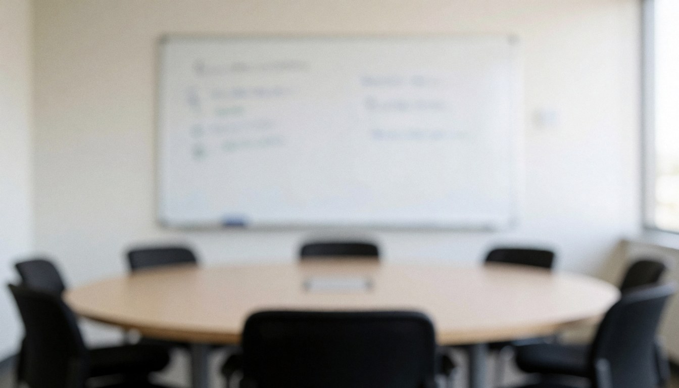 Vue d'une salle de réunion professionnelle vide équipée d'une grande table et d'un tableau blanc sur le mur pour les présentations.