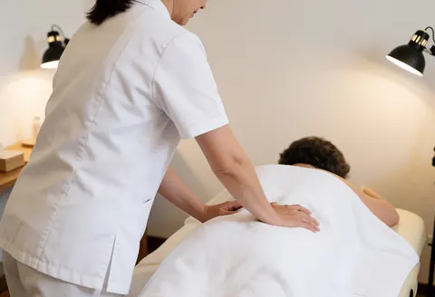 Un thérapeute masse le dos d'un client allongé, entouré d'une serviette blanche dans un spa lumineux et apaisant.