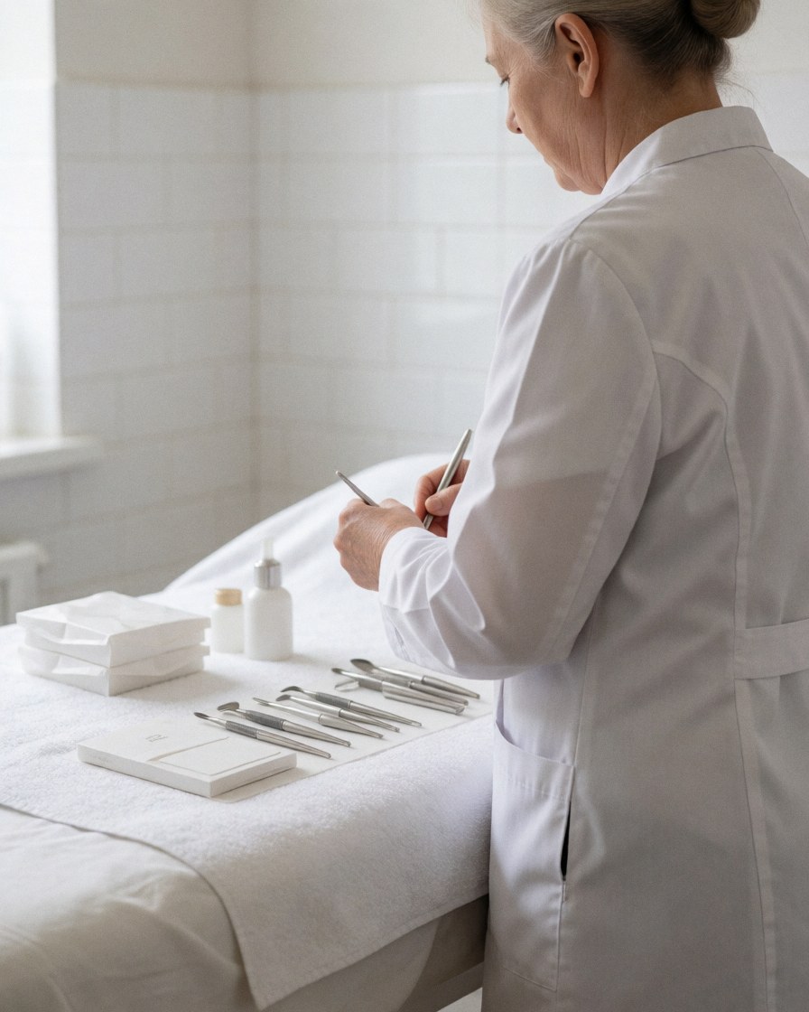 Un professionnel en blouse blanche prépare des outils stériles sur une table de traitement dans un salon de beauté aux murs carrelés blancs, dans un environnement propre et professionnel.