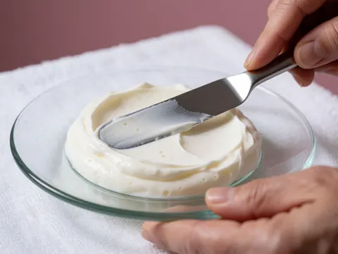Des crèmes blanches sont épaissies à l'aide d'une spatule métallique sur un plat en verre posé sur une serviette blanche, fond rose pâle, focus sur la texture et l'outil.
