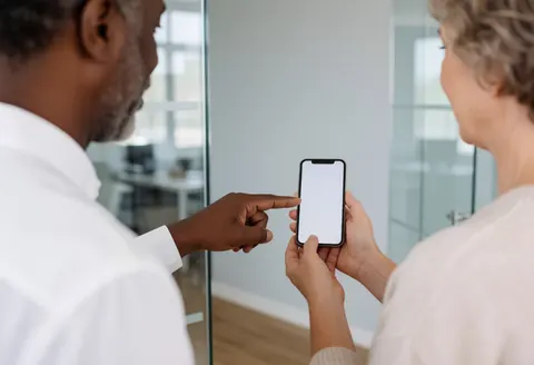 Un conseiller financier indique l'écran d'un smartphone tenu par un client dans un bureau moderne avec des murs gris et des cloisons vitrées.