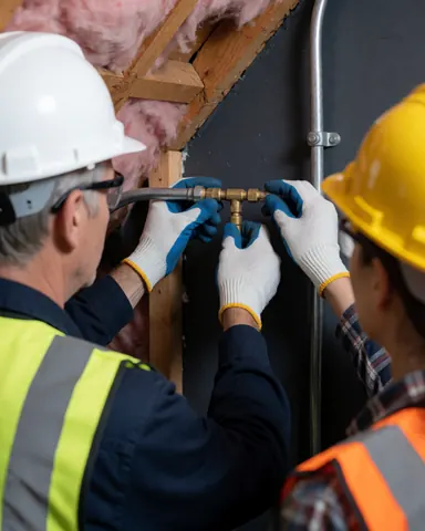 Un technicien en tenue de sécurité ajuste un tuyau en bronze sur un plafond isolé avec de la mousse rose et des poutres en bois.
