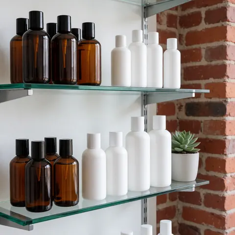 Étagère en verre contenant des bouteilles de soins de la peau, certaines en verre marron et d'autres blanches, accompagnées d'une plante succulente dans un pot blanc, devant un mur de briques rouges.