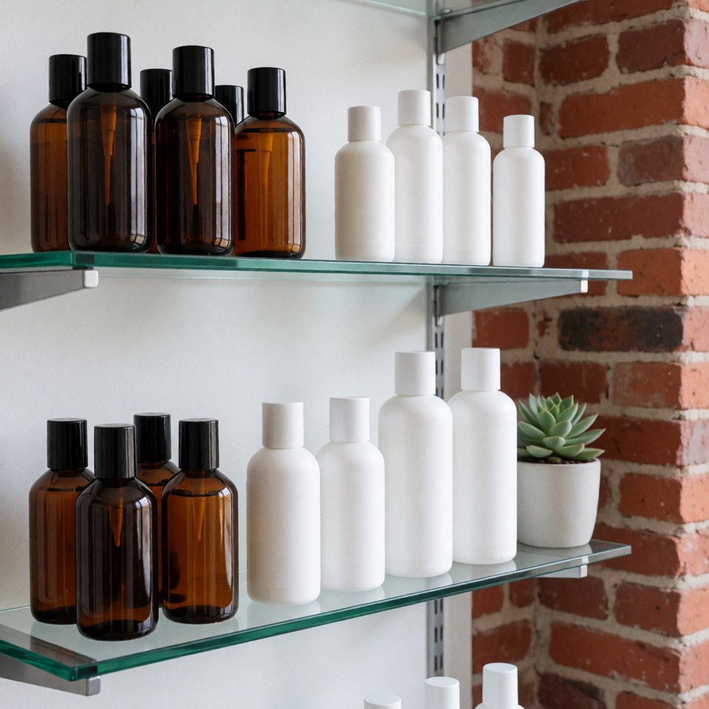 Étagère en verre contenant des bouteilles de soins de la peau, certaines en verre marron et d'autres blanches, accompagnées d'une plante succulente dans un pot blanc, devant un mur de briques rouges.