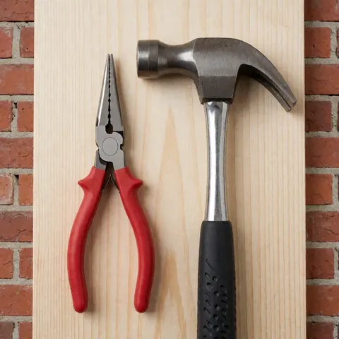 Vue de dessus de pinces et d'un marteau disposés proprement sur une surface blanche, illustrant des outils manuels pour le bricolage et la construction.