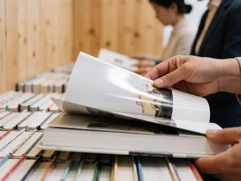 Une main adulte fait tourner la page épaisse et texturée d'un livre dans une librairie, sur un fond flou de livres et de bois clair.