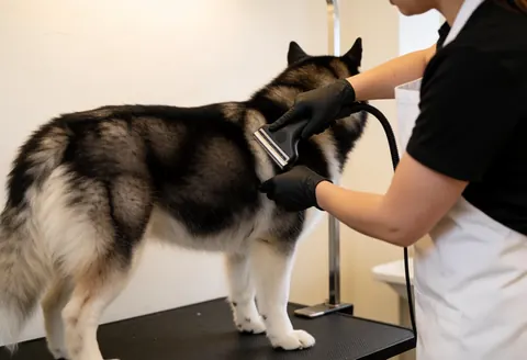 Un groomer en gants noirs et tablier blanc effectue un démêlage intensif sur un grand chien à poil dense dans un salon de toilettage.