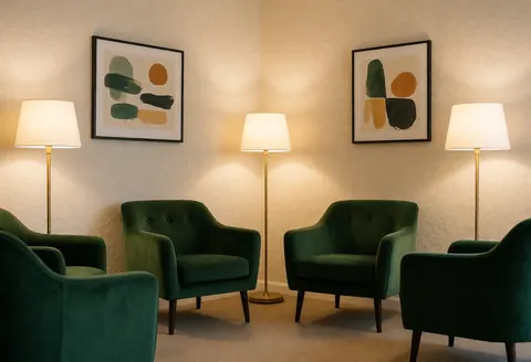 Hall d'hotel avec fauteuils verts, lampes de sol et art abstrait sur les murs, ambiance chaleureuse et accueillante pour se reposer.