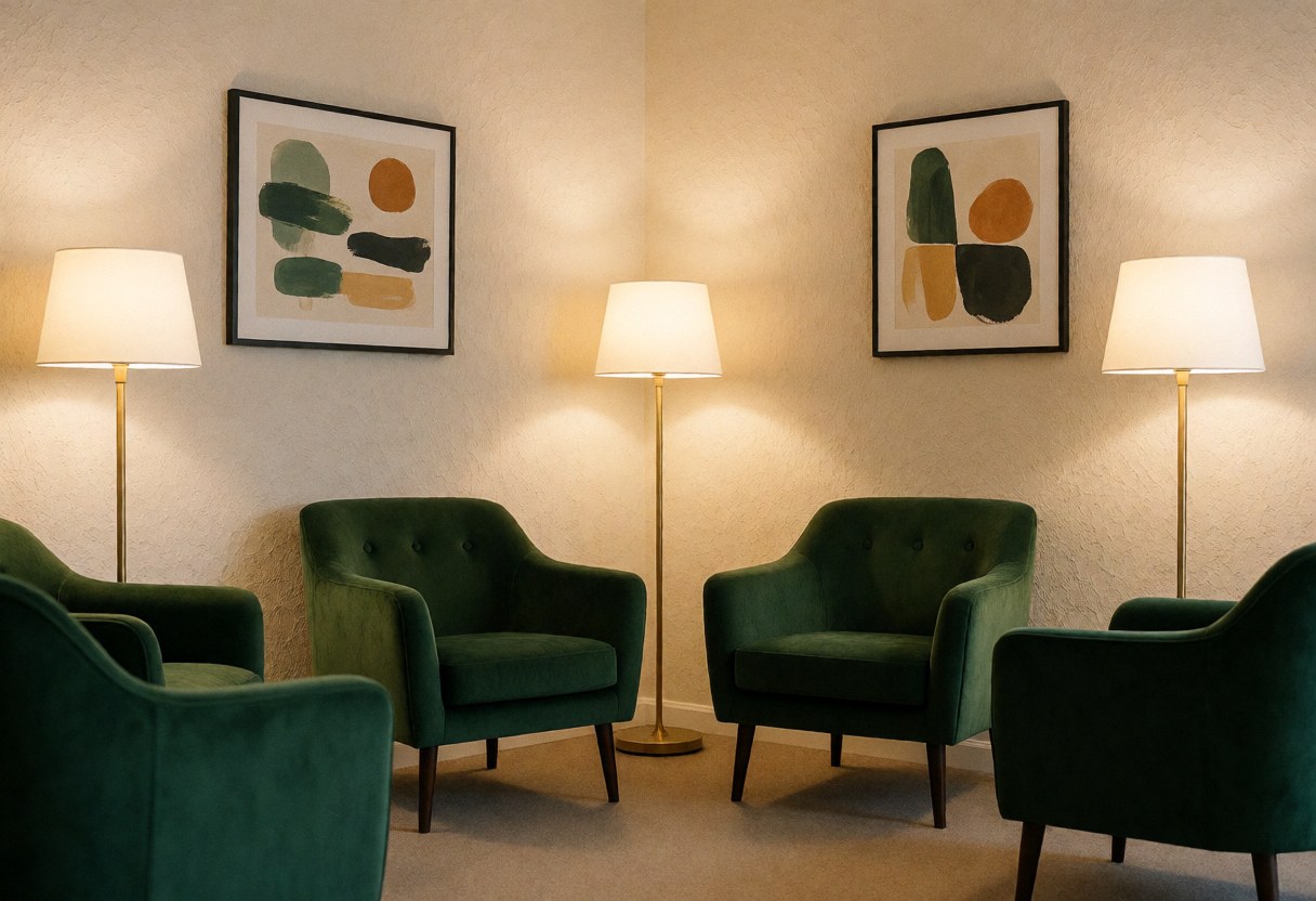 Hall d'hotel avec fauteuils verts, lampes de sol et art abstrait sur les murs, ambiance chaleureuse et accueillante pour se reposer.