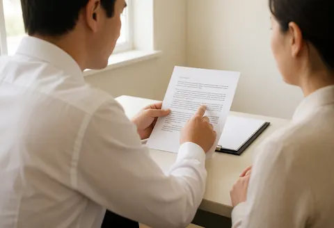 Un avocat et un client examinent un document dans un bureau éclairé par la lumière naturelle ; l'avocat pointe une clause spécifique.