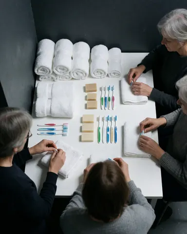 Trois femmes préparent des kits contenant du savon, des brosses à dents et des serviettes sur une table blanche dans un espace ordonné.