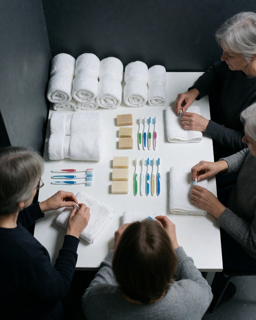 Trois femmes préparent des kits contenant du savon, des brosses à dents et des serviettes sur une table blanche dans un espace ordonné.
