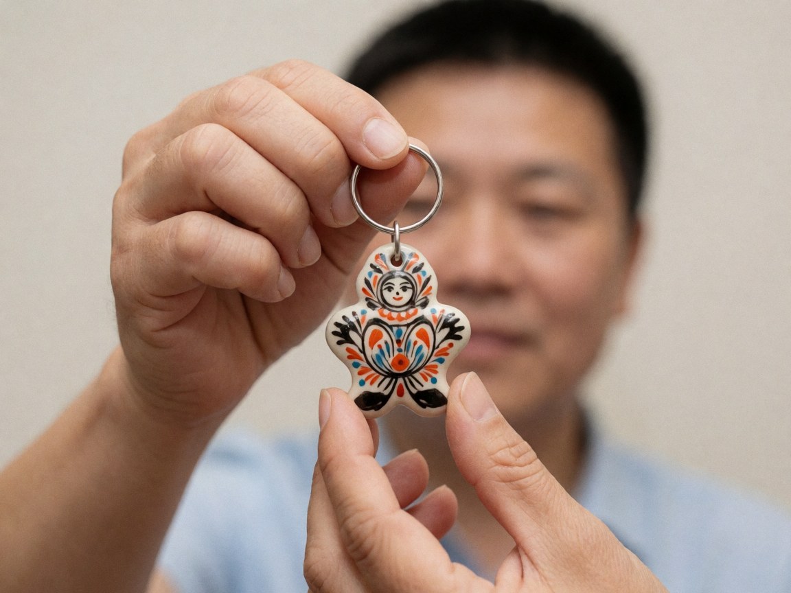 Gros plan d'un porte-clés unique fait main en céramique peinte à la main, mettant en valeur les détails artisanaux et l'art local.