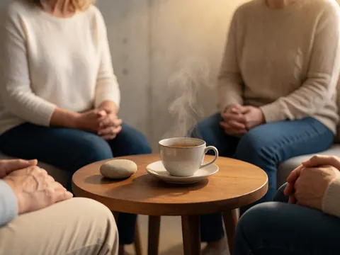 Groupe de personnes assises lors d'une séance de thérapie, avec une tasse de thé fumante et une pierre lisse posées sur une table en bois dans un espace chaleureux.