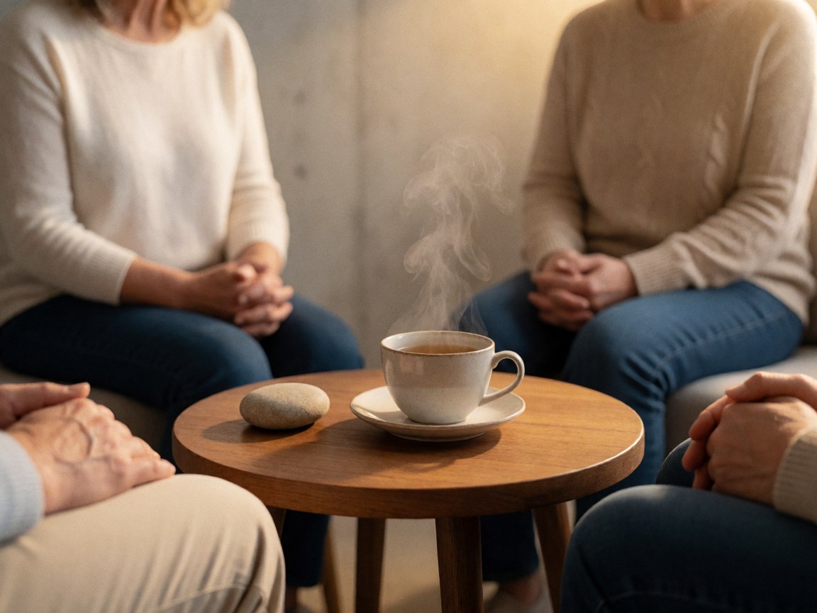 Groupe de personnes assises lors d'une séance de thérapie, avec une tasse de thé fumante et une pierre lisse posées sur une table en bois dans un espace chaleureux.