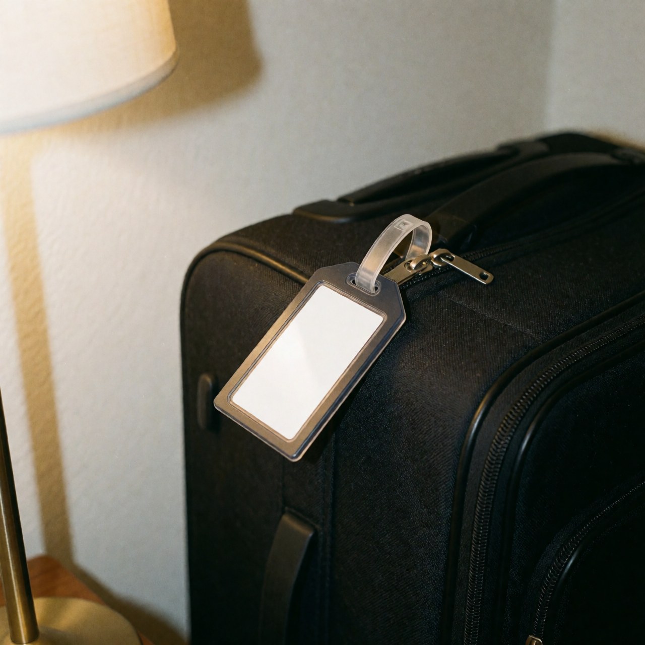 Étiquette d'identification fixée sur la poignée d'une valise noire posée devant un fond blanc uni.