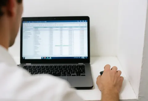Vue arrière d'un consultant professionnel tenant une souris tout en analysant des données financières sur son ordinateur portable dans un bureau.
