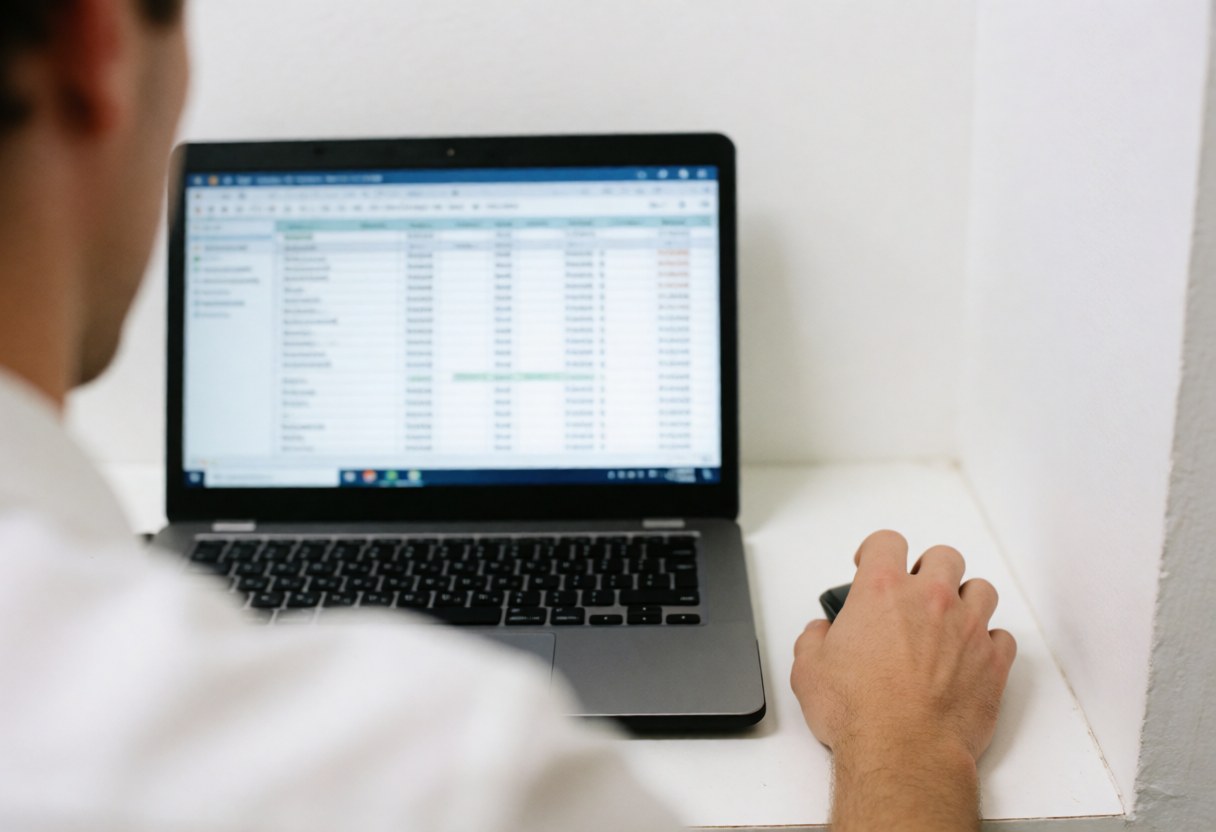 Vue arrière d'un consultant professionnel tenant une souris tout en analysant des données financières sur son ordinateur portable dans un bureau.