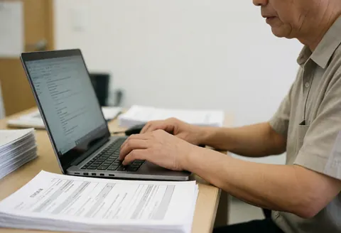 Des mains saisissant des informations relatives à une réclamation d'assurance sur un clavier d'ordinateur portable posé sur un bureau organisé avec des documents administratifs.