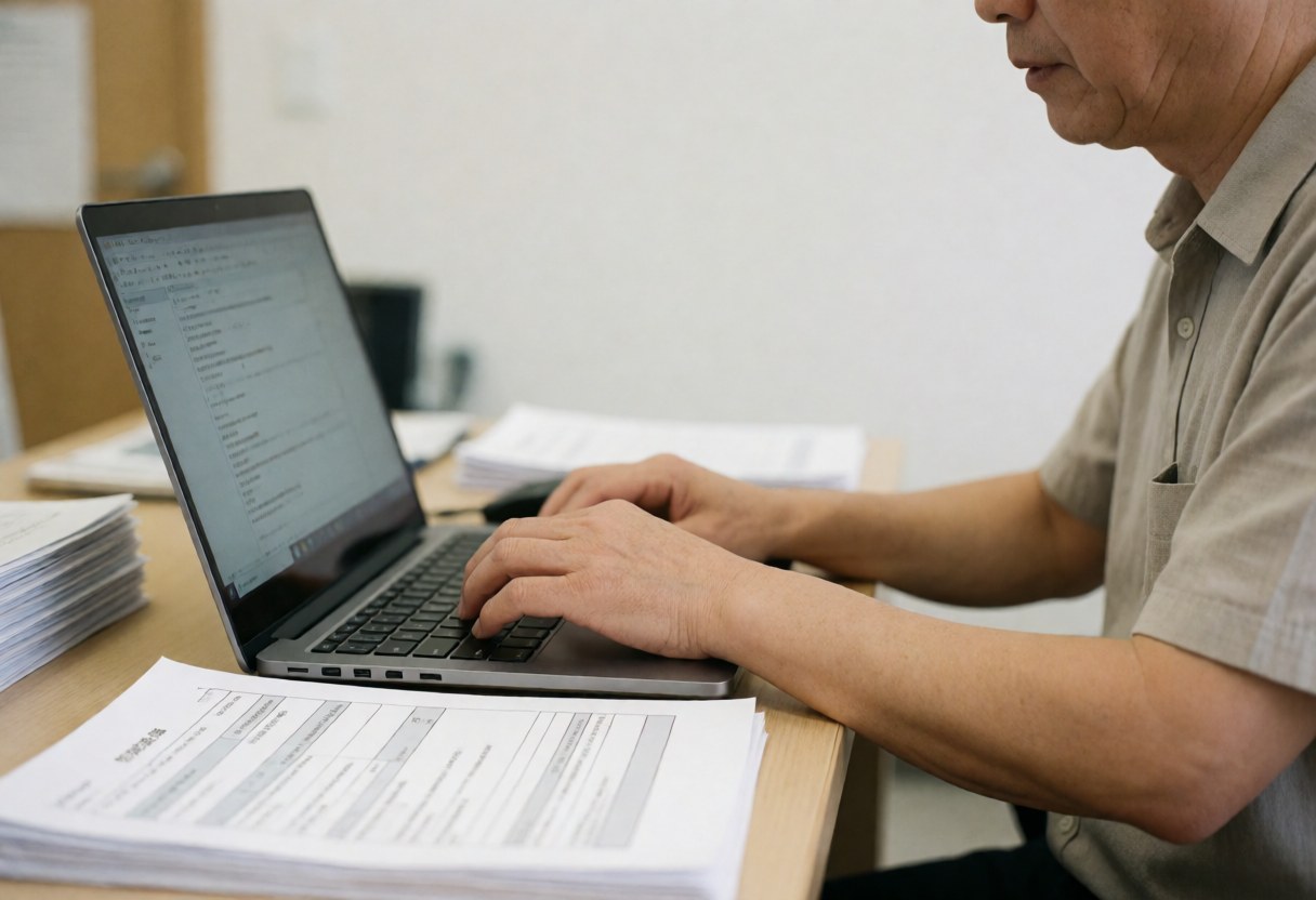 Des mains saisissant des informations relatives à une réclamation d'assurance sur un clavier d'ordinateur portable posé sur un bureau organisé avec des documents administratifs.