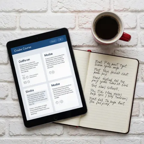 Vue d'un bureau d'étude équipé d'une tablette posée sur une surface blanche, accompagnée de notes manuscrites et d'une tasse de café.