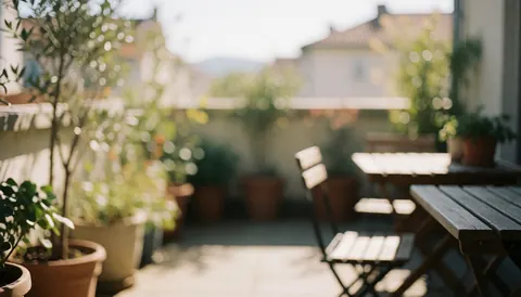 Vue d'une terrasse extérieure baignée de soleil, équipée de meubles en bois clair et ornée de plusieurs plantes en pots, créant une ambiance détendue et accueillante.