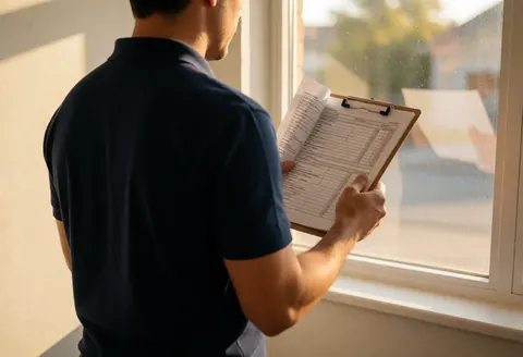 Un professionnel effectue une inspection sur site, tenant un classeur et un stylo, avec une lumière dorée et des ombres longues.