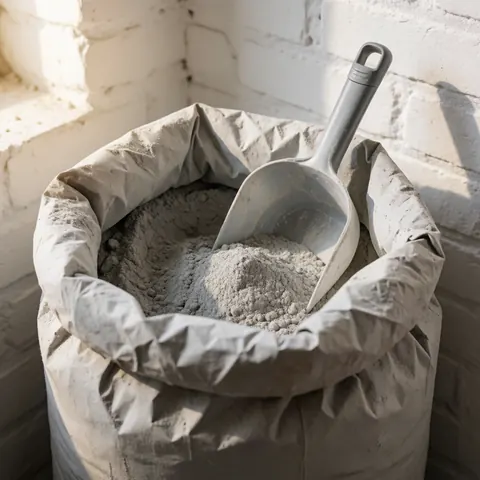 Sac de ciment gris posé sur une surface avec une pelle plastique à l'intérieur, devant un mur de briques blanches éclairé par la lumière naturelle.