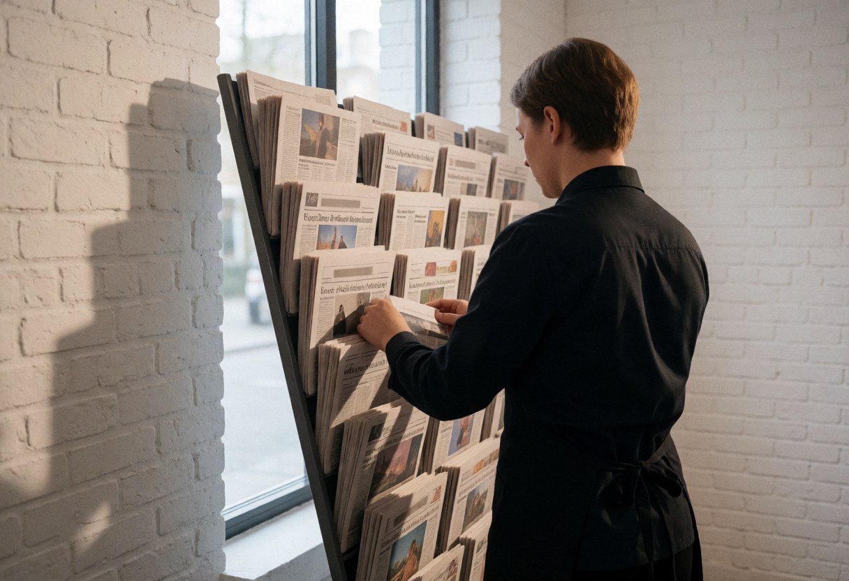 Un employé de librairie organise des journaux sur une haute étagère près d'une fenêtre, dans un intérieur lumineux avec un mur en briques blanches.