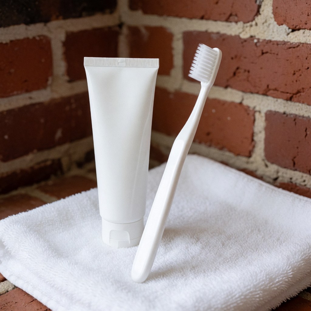Présentation de produits d'hygiène bucco-dentaire disposés sur une surface avec une serviette blanche et un mur en briques.