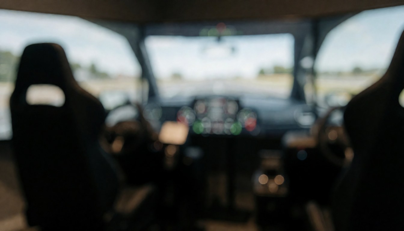 Vue intérieure d'un simulateur de conduite professionnel montrant un volant, un tableau de bord et des sièges sur un fond flou pour texte.