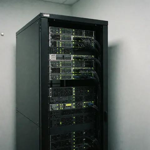 Vue rapprochée de serveurs de sécurité installés dans un centre de données avec des câbles et des lumières vertes.