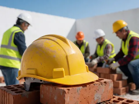 Gros plan détaillé d'un casque de protection solide utilisé sur un chantier de construction pour assurer la sécurité des travailleurs.