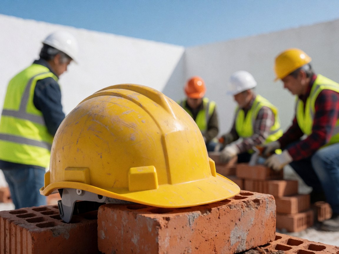Gros plan détaillé d'un casque de protection solide utilisé sur un chantier de construction pour assurer la sécurité des travailleurs.