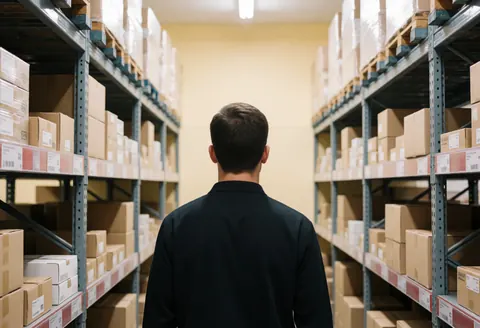 Une personne se déplaçant dans un couloir d'entrepôt bordé de rayonnages métalliques chargés de boîtes, sous un éclairage industriel avec des murs beige clair.