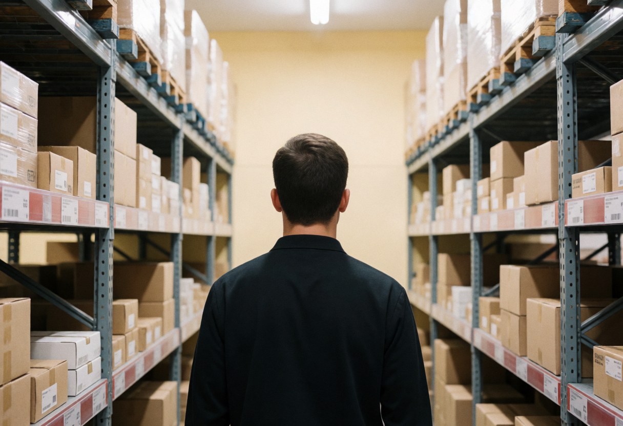 Une personne se déplaçant dans un couloir d'entrepôt bordé de rayonnages métalliques chargés de boîtes, sous un éclairage industriel avec des murs beige clair.