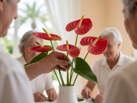 Gros plan sur des fleurs d'anthurium rouge disposées dans un vase blanc élégant, posé sur une surface en bois avec un fond doux et lumineux.