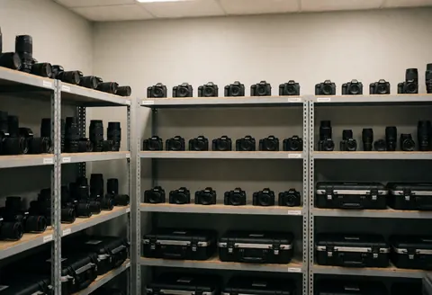 Espace de stockage bien organisé rempli de boîtiers, objectifs et accessoires photographiques disposés sur des étagères et dans des caisses.