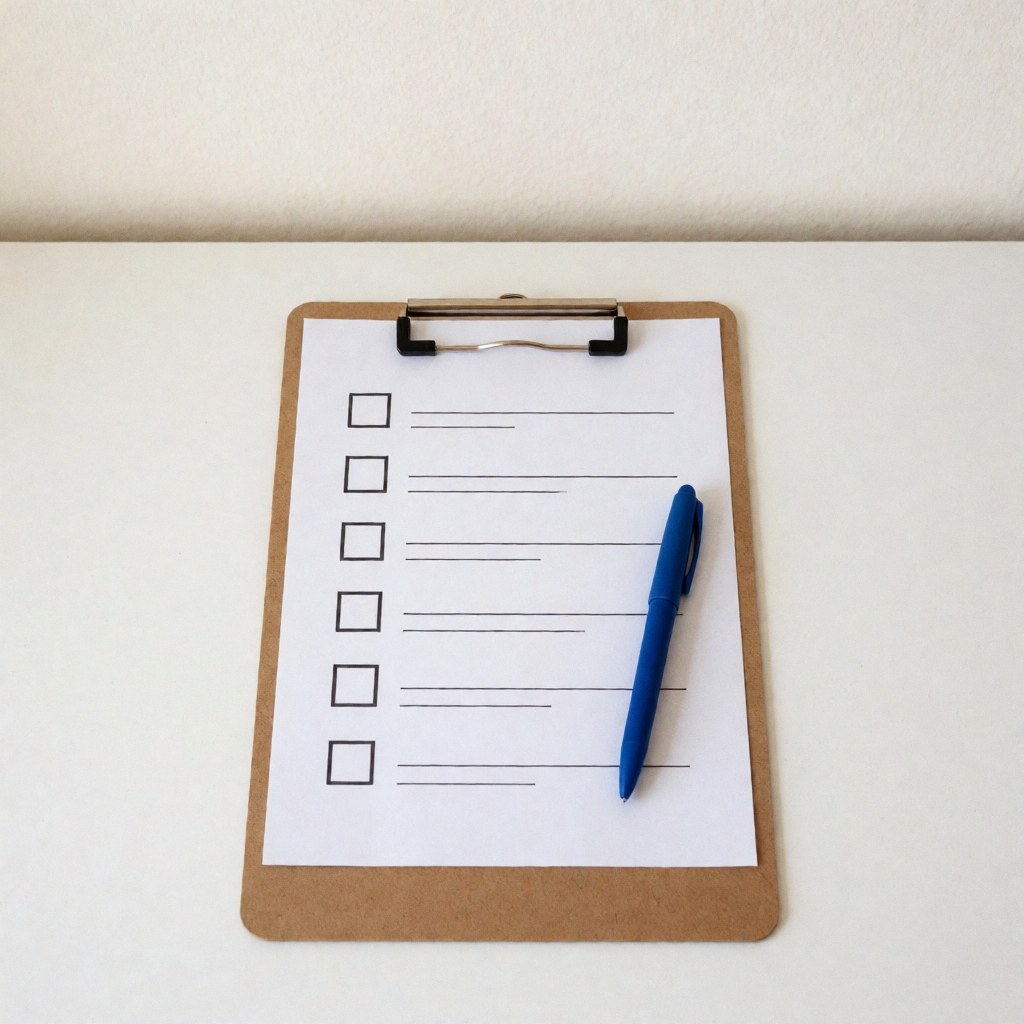 Vue de dessus d'un porte-documents en bois ouvert avec une liste de contrôle imprimée et un stylo posés à côté, évoquant l'organisation professionnelle.