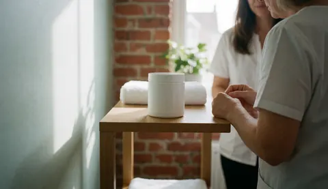 Une esthéticienne prend soin d'une cliente dans une clinique aux murs de briques, avec une serviette et un vase blanc sur une table en bois, baignée de lumière naturelle.