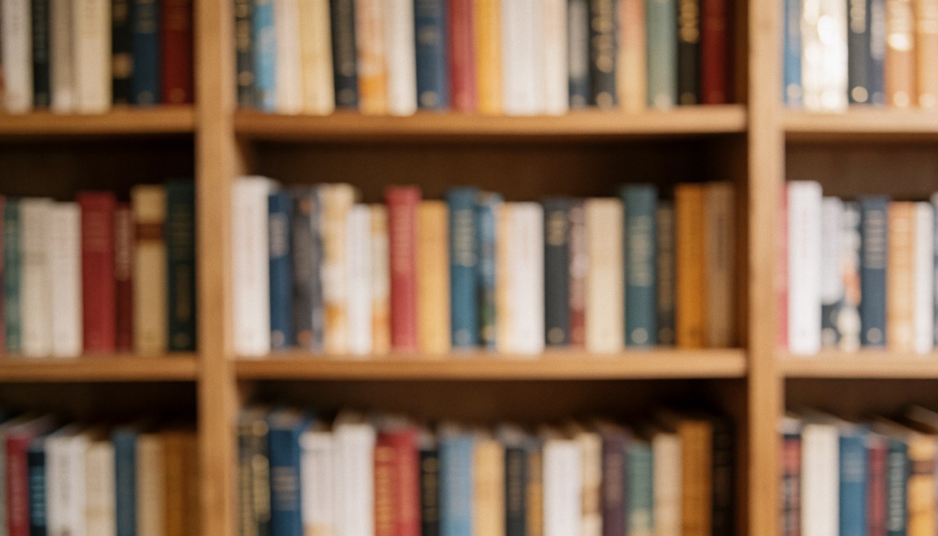 Arrière-plan flou d'une étagère de livres avec des couleurs variées, idéal pour un texte ou un design.