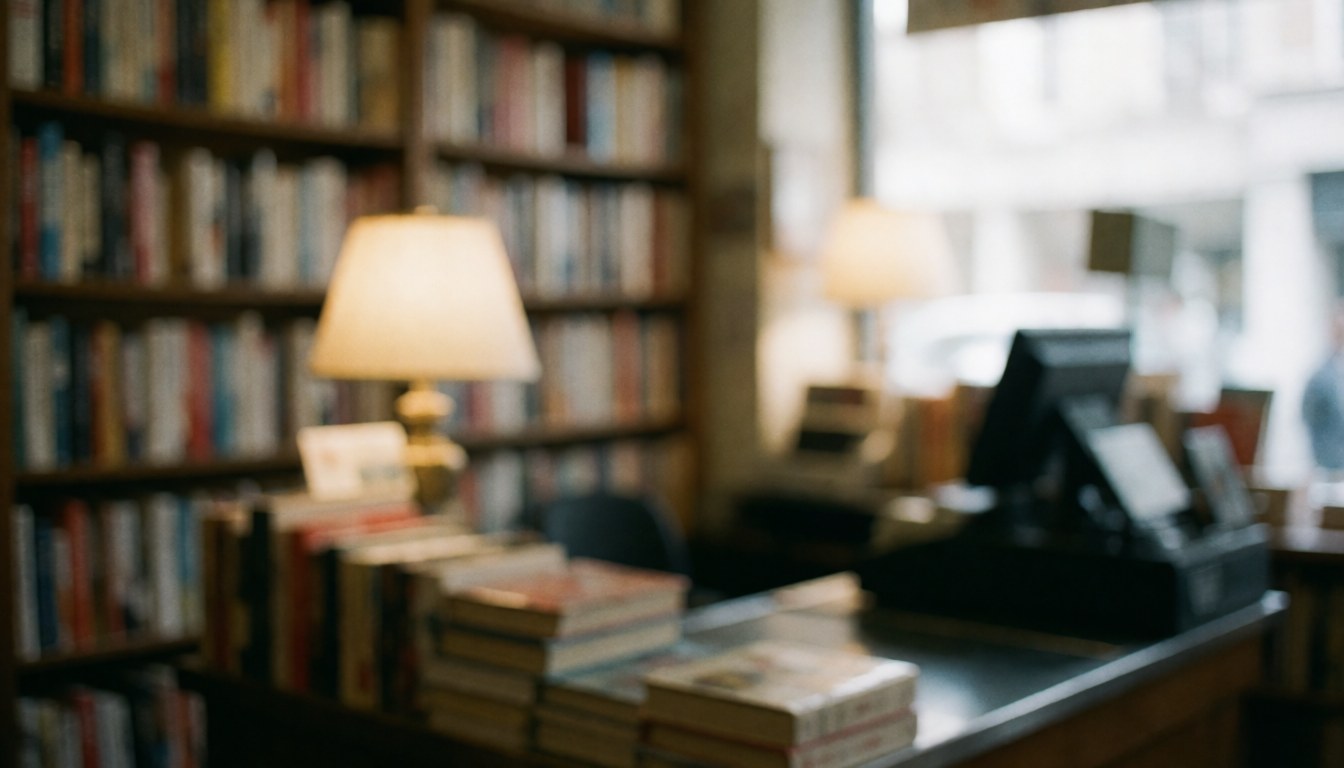 Vue floue d'une caisse en bois dans une librairie avec des étagères de livres et une petite lampe créant une atmosphère calme et chaleureuse.