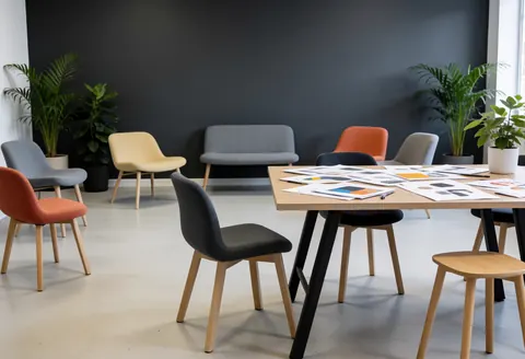 Espace de design moderne avec chaises flexibles, table avec matériaux, plantes et murs gris, idéal pour startups et logiciels.