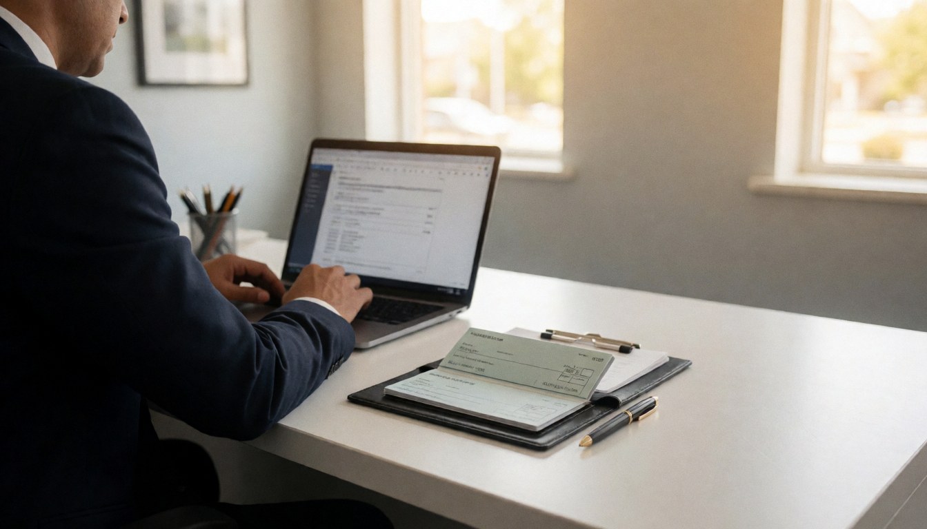 Un conseiller financier travaille à son bureau avec un chéquier et un ordinateur portable. Ambiance professionnelle et calme, lumière naturelle par la fenêtre sur fond gris.